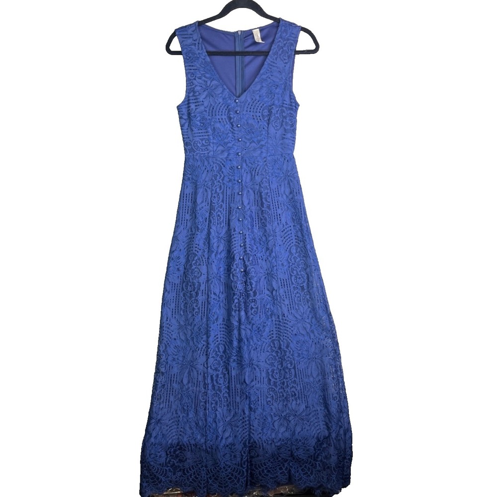 Mahina Hawaii Blue Lace Maxi Dress Sleeveless V-Neck Evening Formal Size Medium